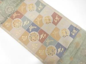 引箔格子に華紋・花鳥模様織出し名古屋帯